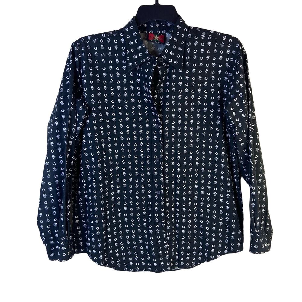 Five Star by Roper Button‎ Up Western Shirt Men's Large Black Floral Horseshoe